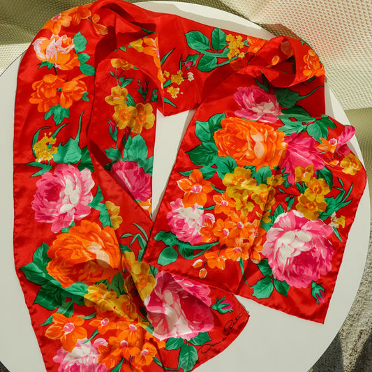 80's Silk Oscar de la Renta Scarf - Long Silk Floral Scarf - Vintage Bright Scarf