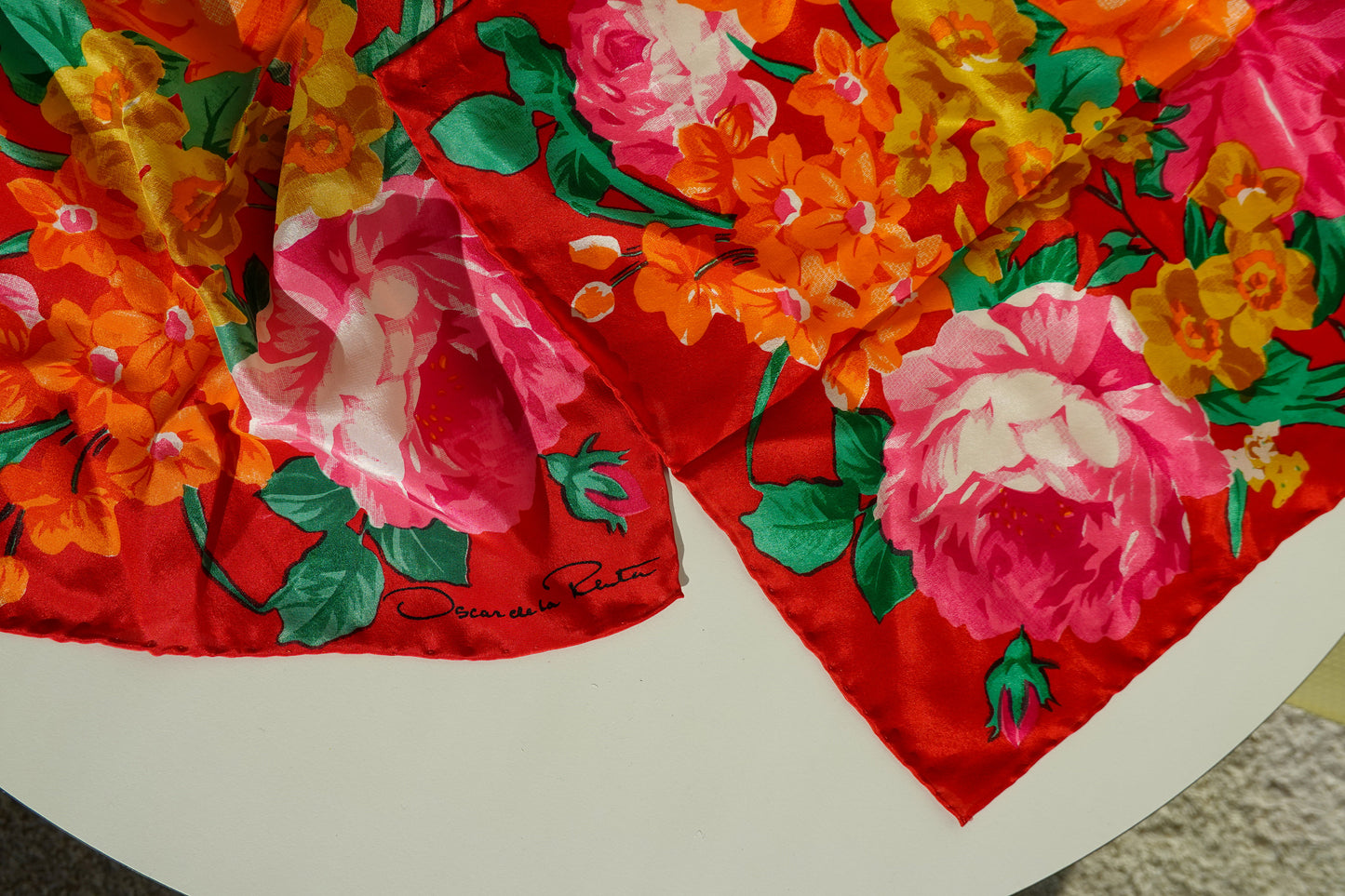 80's Silk Oscar de la Renta Scarf - Long Silk Floral Scarf - Vintage Bright Scarf
