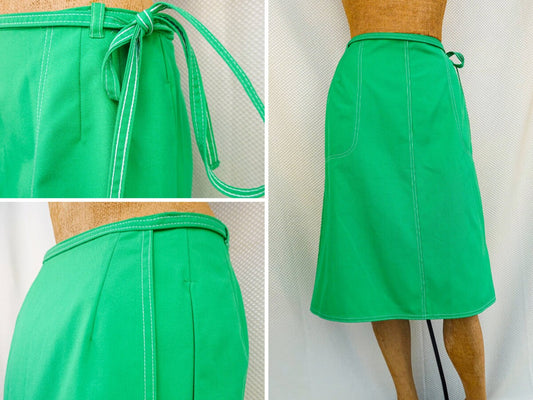 70's Green Wrap Skirt - Extremely Flattering and Adjustable "Trickskirt" - Koret / Koratron Cotton Fabric - 28" to 41.5" Waist