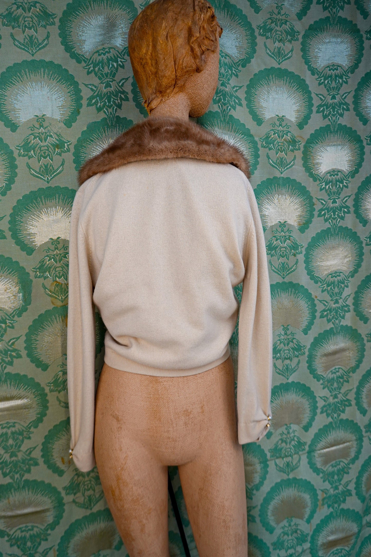 60's Cashmere V-Neck Cardigan with Detachable Mink Fur Collar - Vintage Glamorous, Luxurious Cardigan Sweater - XS / Small