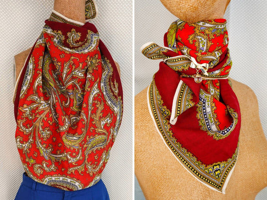 70's Lightweight Wool Scarf - Vintage Japanese Screen Printed Intricate Scarf - Hand Rolled Hem - 28" Square