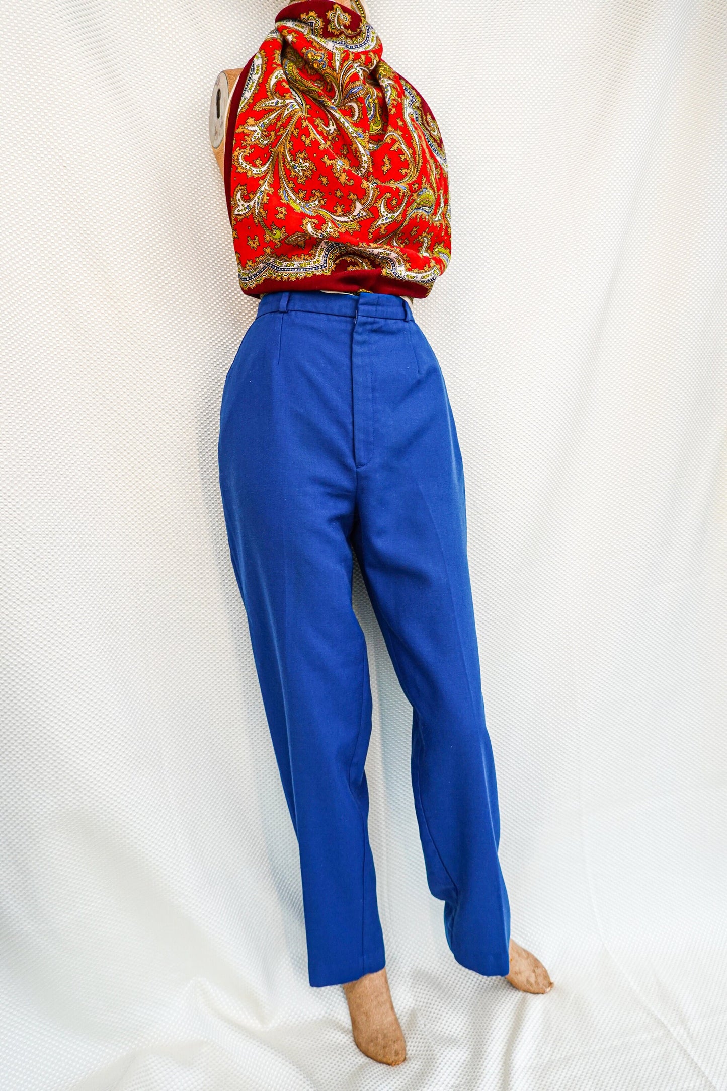 80's High Waist Pants - Vintage Blue Heavy Cotton Pants - Straight Leg, Wide Hips - Zacari - 30" Waist