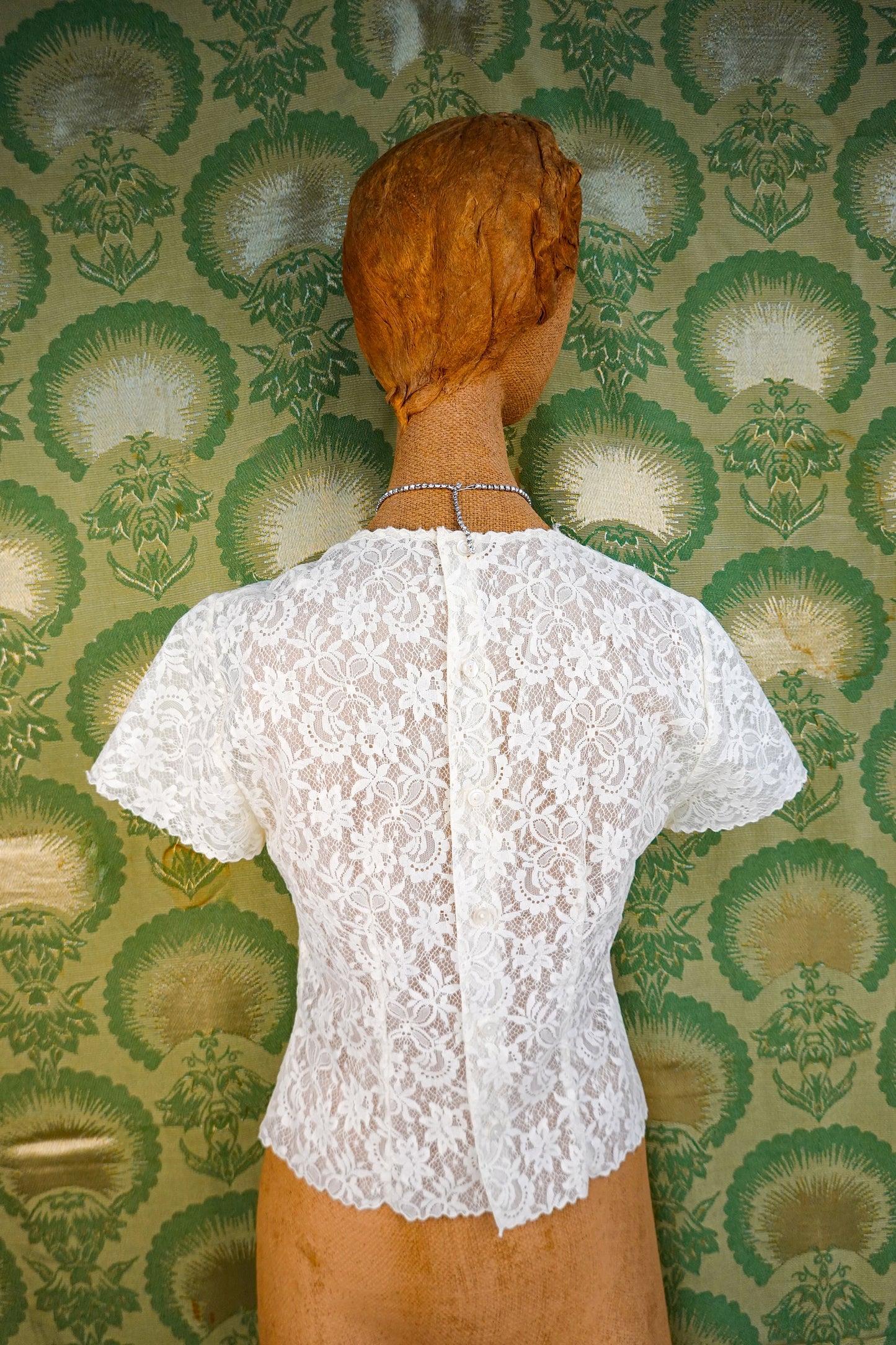40's Sheer Lace Blouse - Vintage Sheer Lace Applique Back Button Blouse - by Saab, Blouse du Jour - Size Small