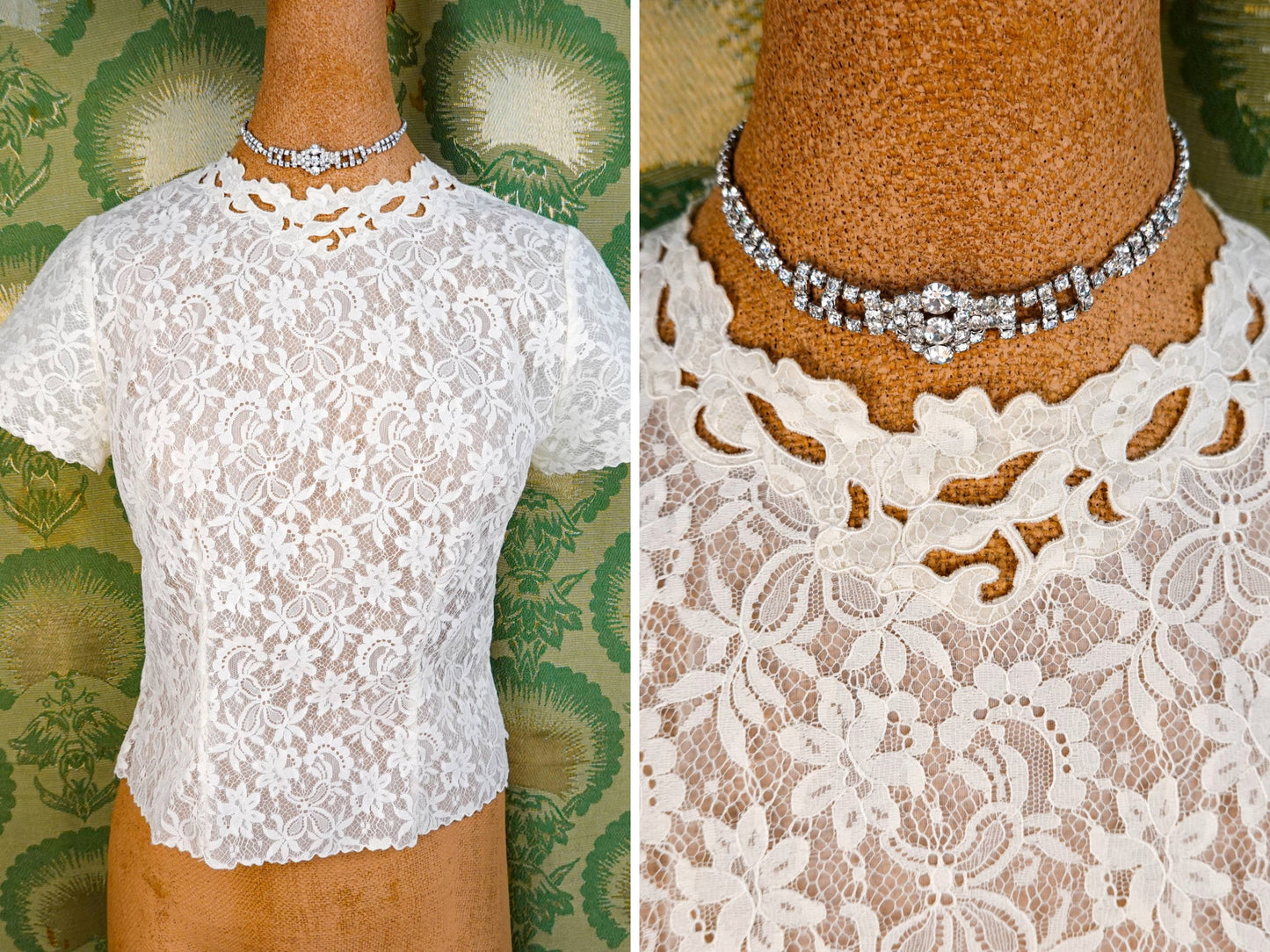 40's Sheer Lace Blouse - Vintage Sheer Lace Applique Back Button Blouse - by Saab, Blouse du Jour - Size Small