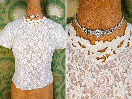 40's Sheer Lace Blouse - Vintage Sheer Lace Applique Back Button Blouse - by Saab, Blouse du Jour - Size Small