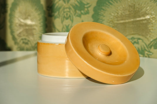 20's Orange Round Ceramic Jar - Art Deco -  Avco Vitrified China - Vintage Lidded Vessel - Vanity, Boudoir Storage