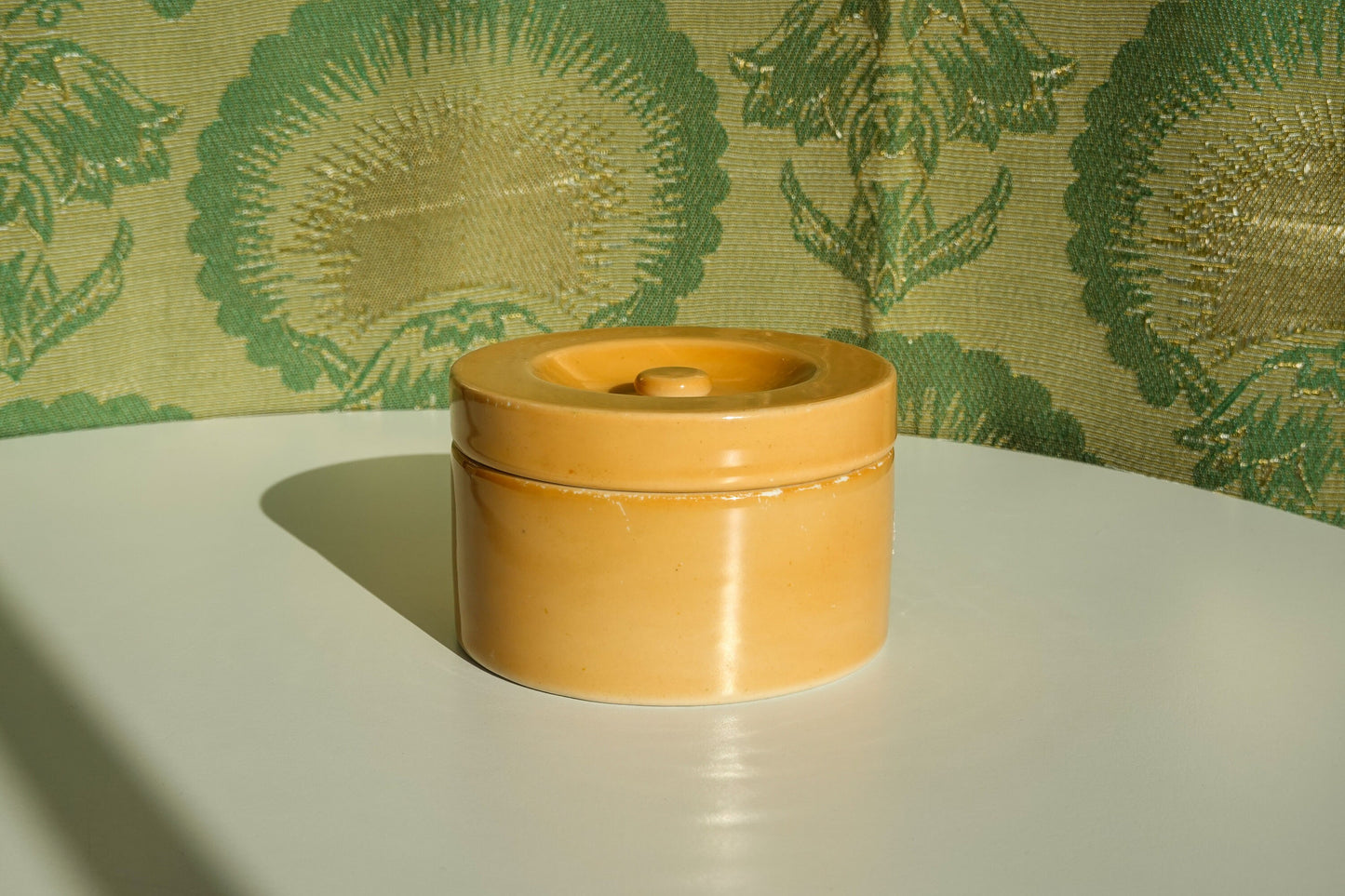 20's Orange Round Ceramic Jar - Art Deco -  Avco Vitrified China - Vintage Lidded Vessel - Vanity, Boudoir Storage