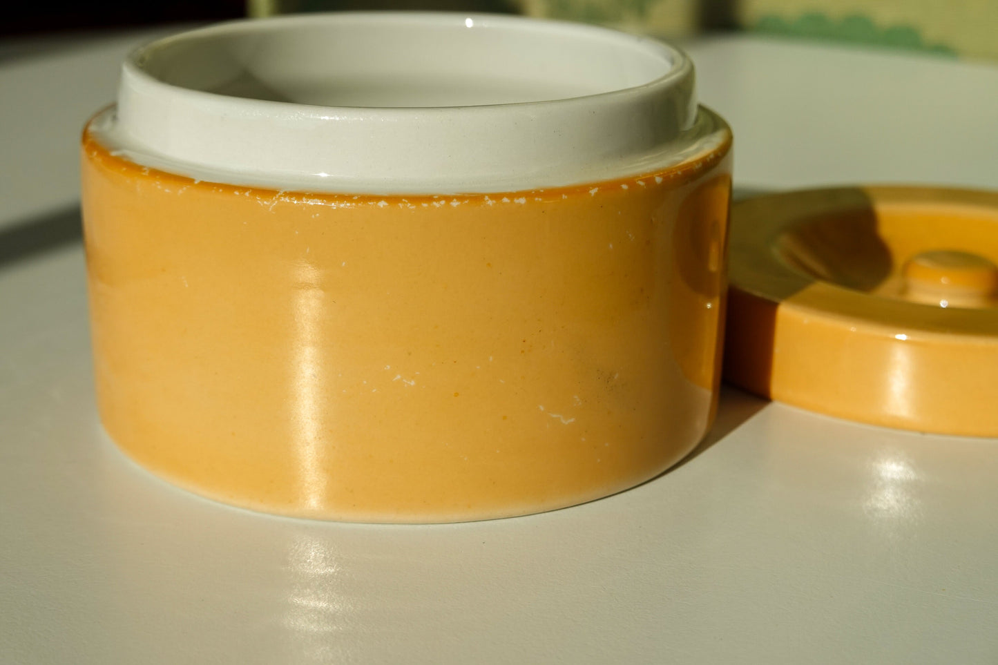 20's Orange Round Ceramic Jar - Art Deco -  Avco Vitrified China - Vintage Lidded Vessel - Vanity, Boudoir Storage