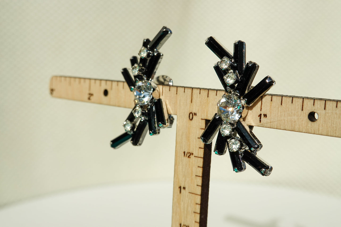 Vintage Weiss Rhinestone Climber Earrings - Black Baguette Rhinestones with Brilliant Cut Clear Rhinestones