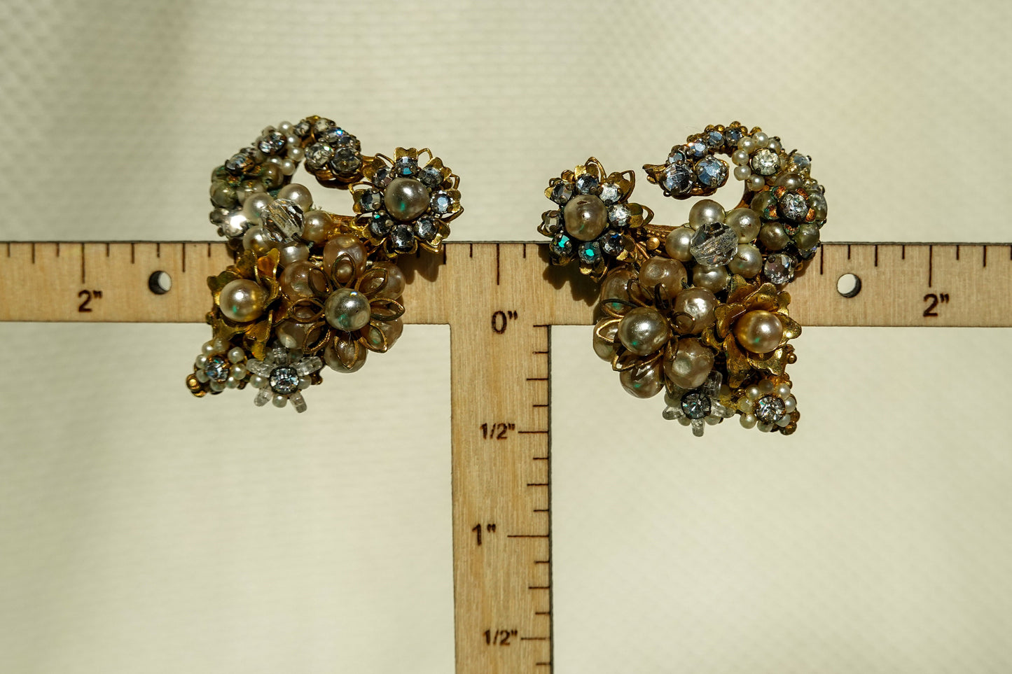 50's Eugene Bouquet Earrings - Filigree Ornate Gold Tone Statement Rhinestone & Pearl Earrings