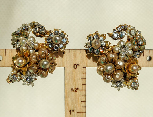 50's Eugene Bouquet Earrings - Filigree Ornate Gold Tone Statement Rhinestone & Pearl Earrings