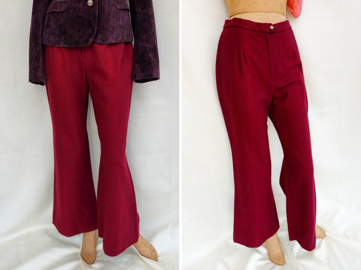 70's Bell Bottom or Super Flare Maroon Wool Pants - Vintage Warm Pants - 27" Waist - Small, Medium