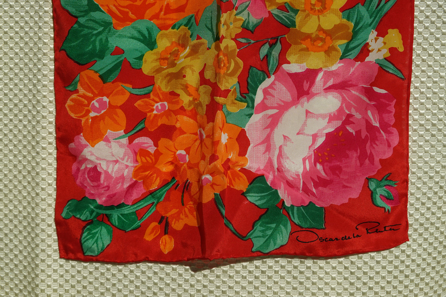 80's Silk Oscar de la Renta Scarf - Long Silk Floral Scarf - Vintage Bright Scarf
