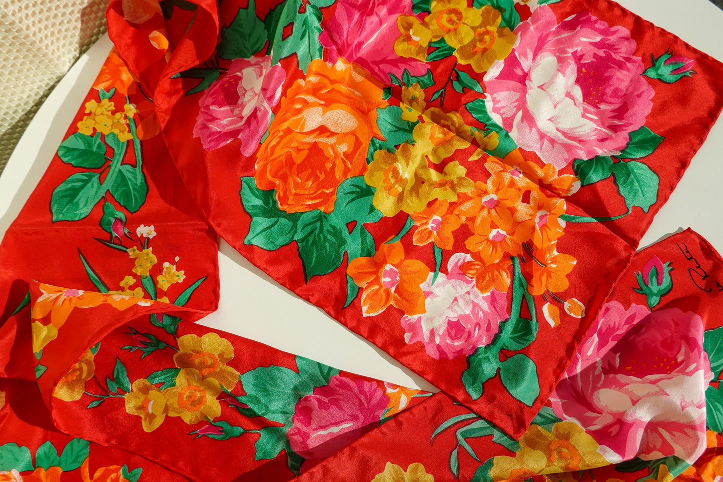 80's Silk Oscar de la Renta Scarf - Long Silk Floral Scarf - Vintage Bright Scarf