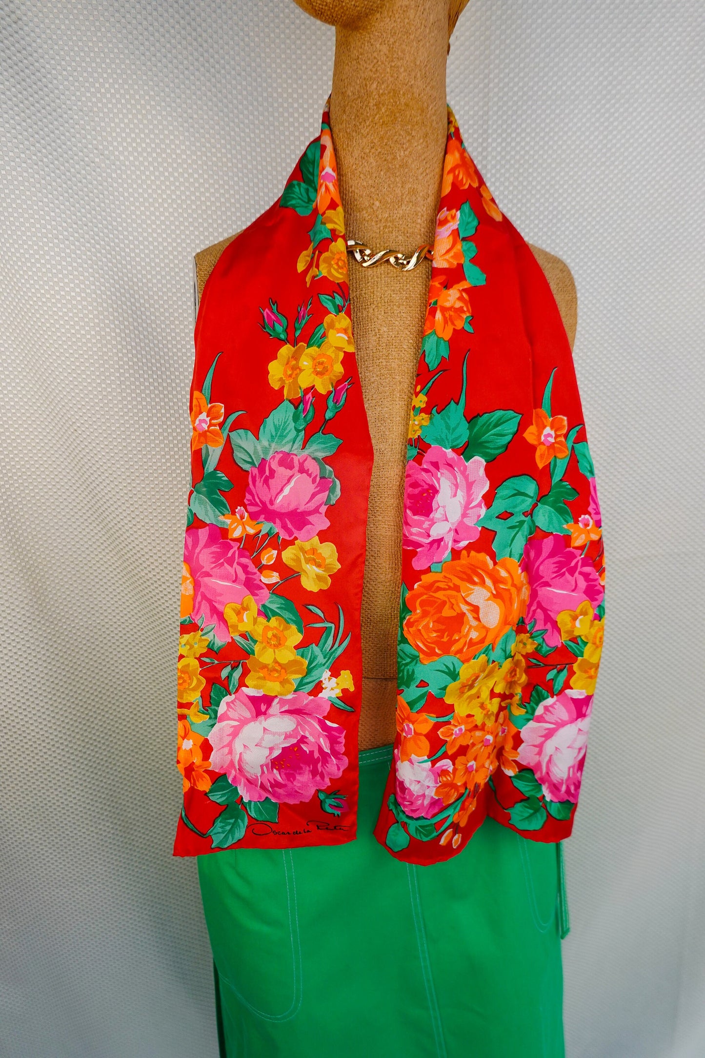 80's Silk Oscar de la Renta Scarf - Long Silk Floral Scarf - Vintage Bright Scarf