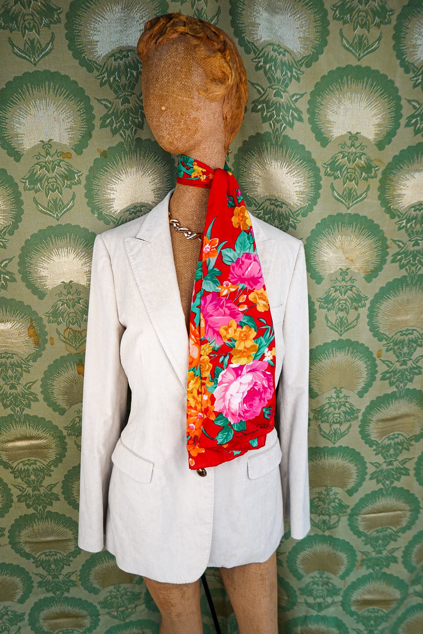80's Silk Oscar de la Renta Scarf - Long Silk Floral Scarf - Vintage Bright Scarf
