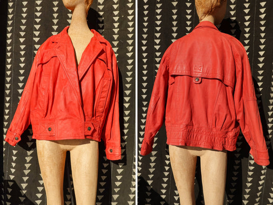 80's Leather Jacket - Dolman Sleeve Biker Jacket - Vintage Red Moto Jacket - G-III Global Identity Leather - Size Large