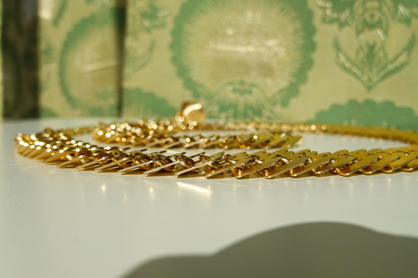 70's Gold Chain Belt - Vintage Etched Fancy Link Adjustable Belt - Articulated Metal Body Jewelry - Medium / Large