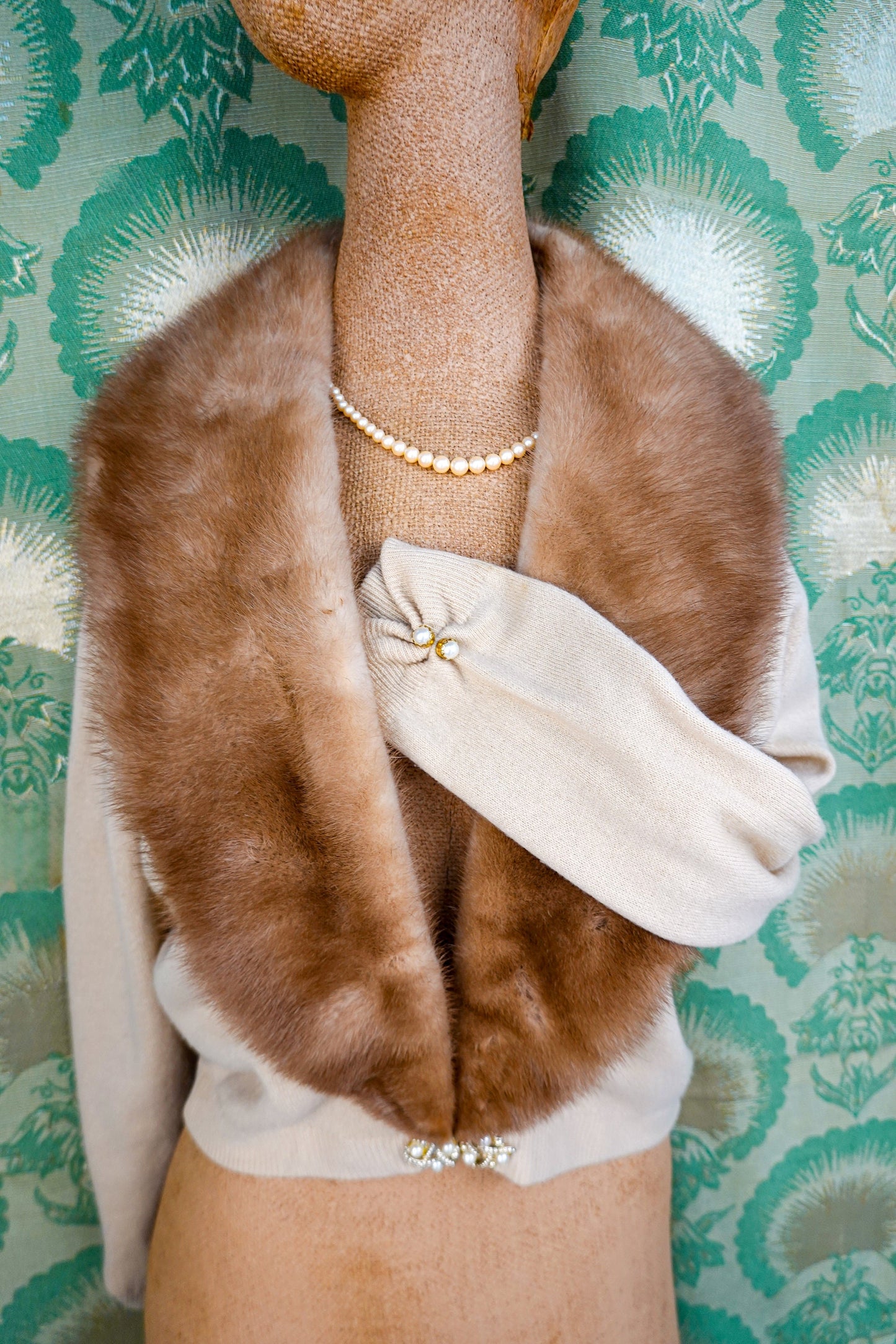 60's Cashmere V-Neck Cardigan with Detachable Mink Fur Collar - Vintage Glamorous, Luxurious Cardigan Sweater - XS / Small