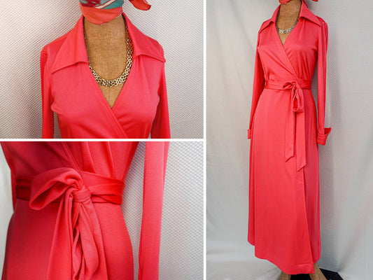 70's Wrap Dress - Vintage Neon Pink Long Sleeve Wrap Dress - Parade New York - Super Flattering - Small