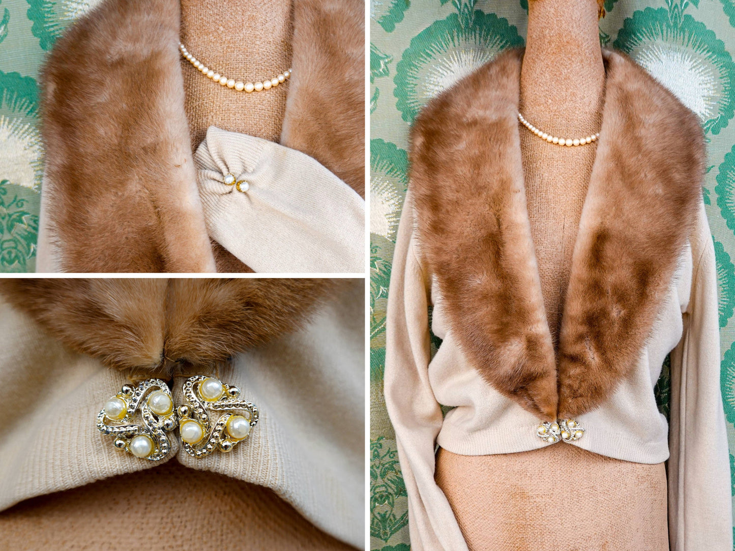 60's Cashmere V-Neck Cardigan with Detachable Mink Fur Collar - Vintage Glamorous, Luxurious Cardigan Sweater - XS / Small