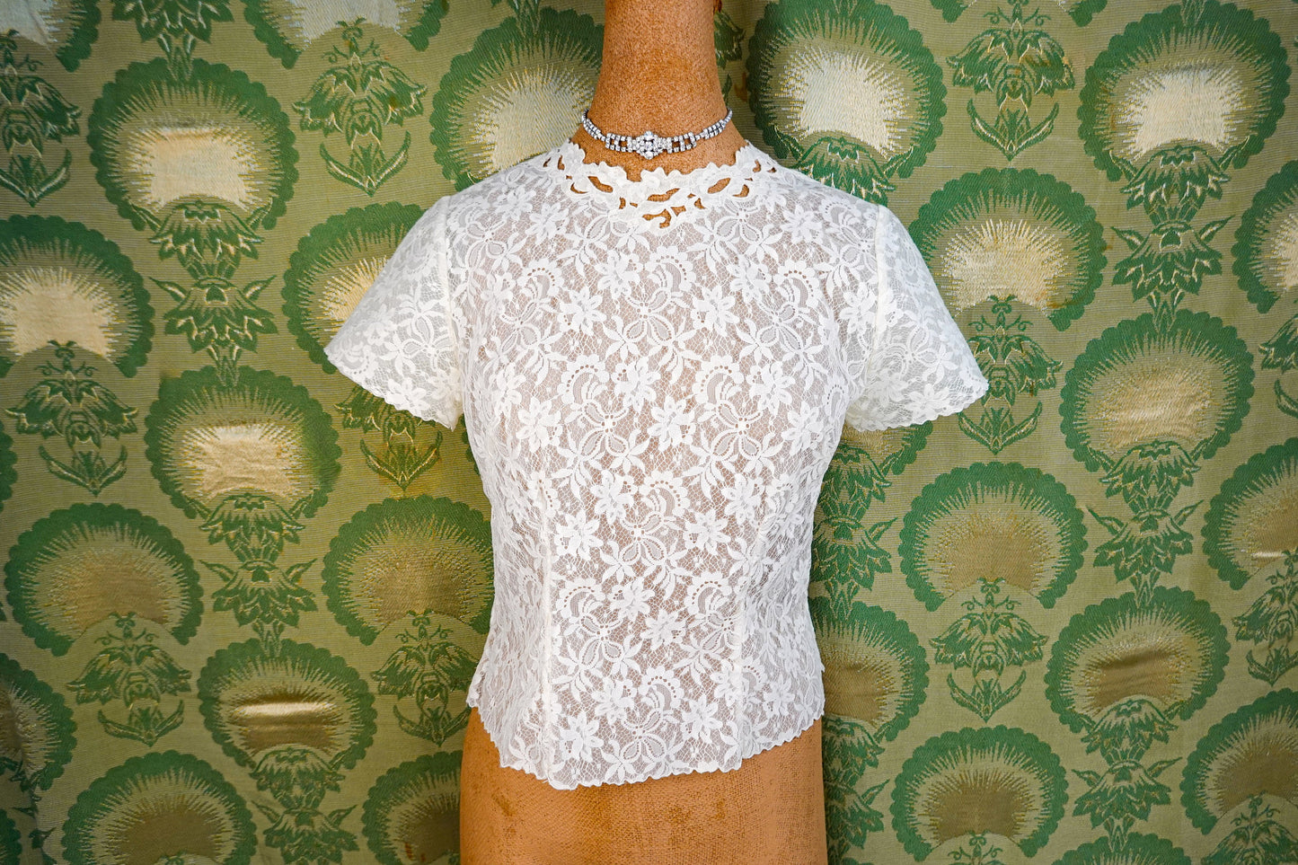 40's Sheer Lace Blouse - Vintage Sheer Lace Applique Back Button Blouse - by Saab, Blouse du Jour - Size Small
