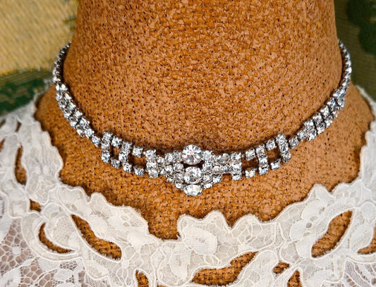20's Art Deco Necklace - Vintage Clear Rhinestone Adjustable Choker - Multiple Rows - Silver Tone - Vintage Wedding Jewelry
